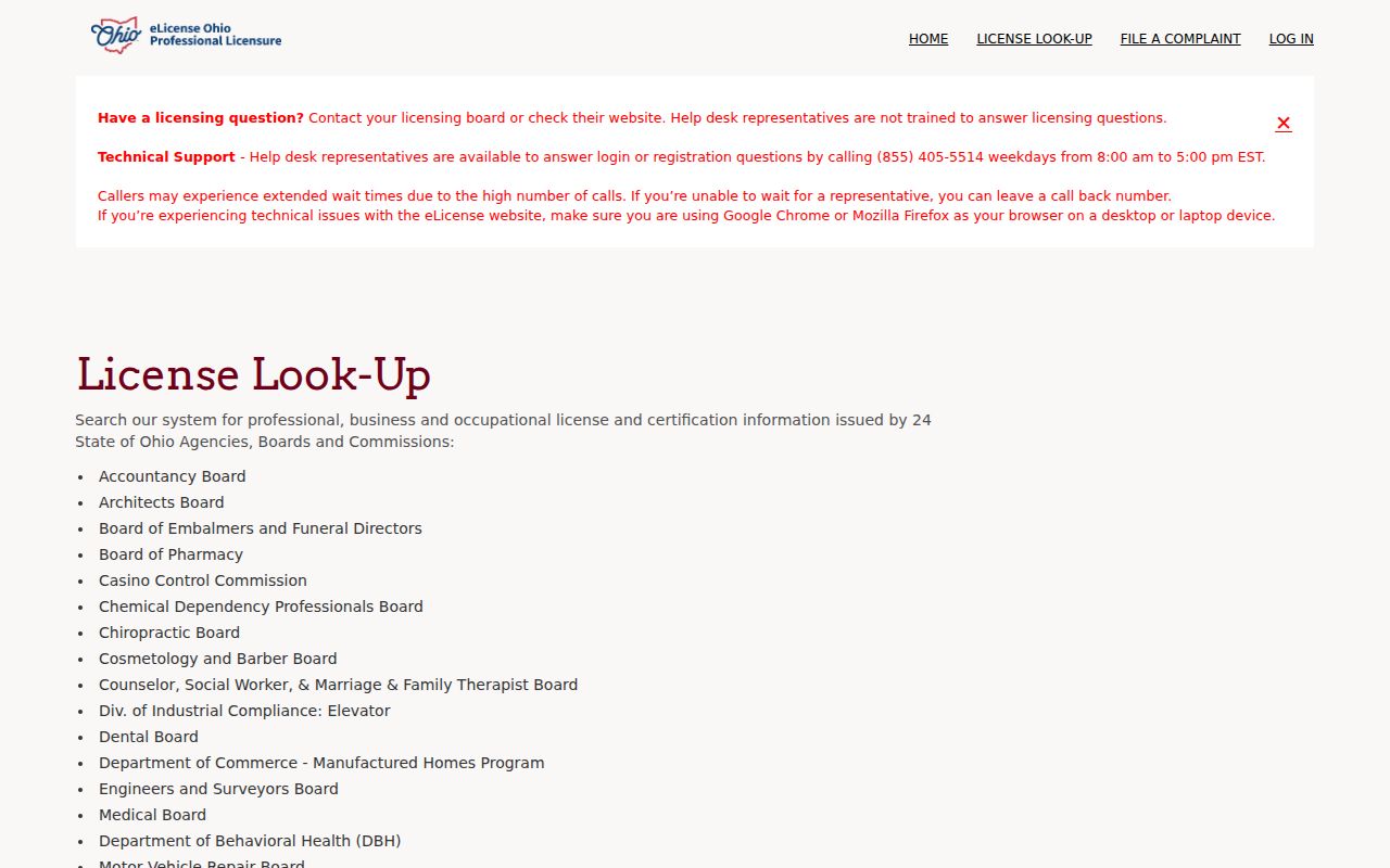 Jackson Township resident lookup eLicense Ohio verification screen